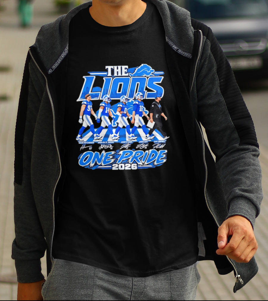 Detroit Lions The Lions One Pride Abbey Road 2026 Aidan Hutchinson Jahmyr Gibbs Jared Goff Dan Campbell T-Shirt