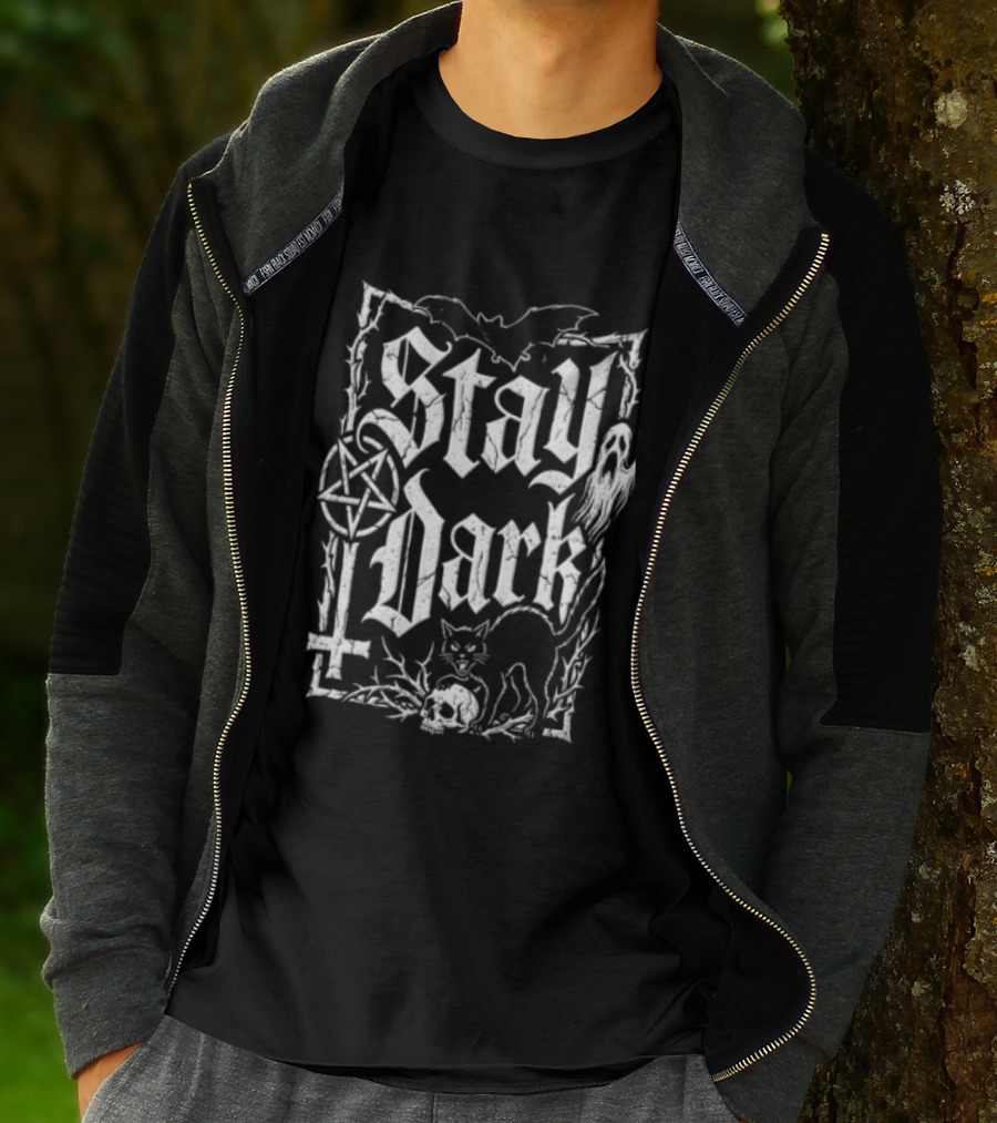 Stay Dark Gothic Bat Pentagram Ghost Black Cat Skull Thorns T-Shirt