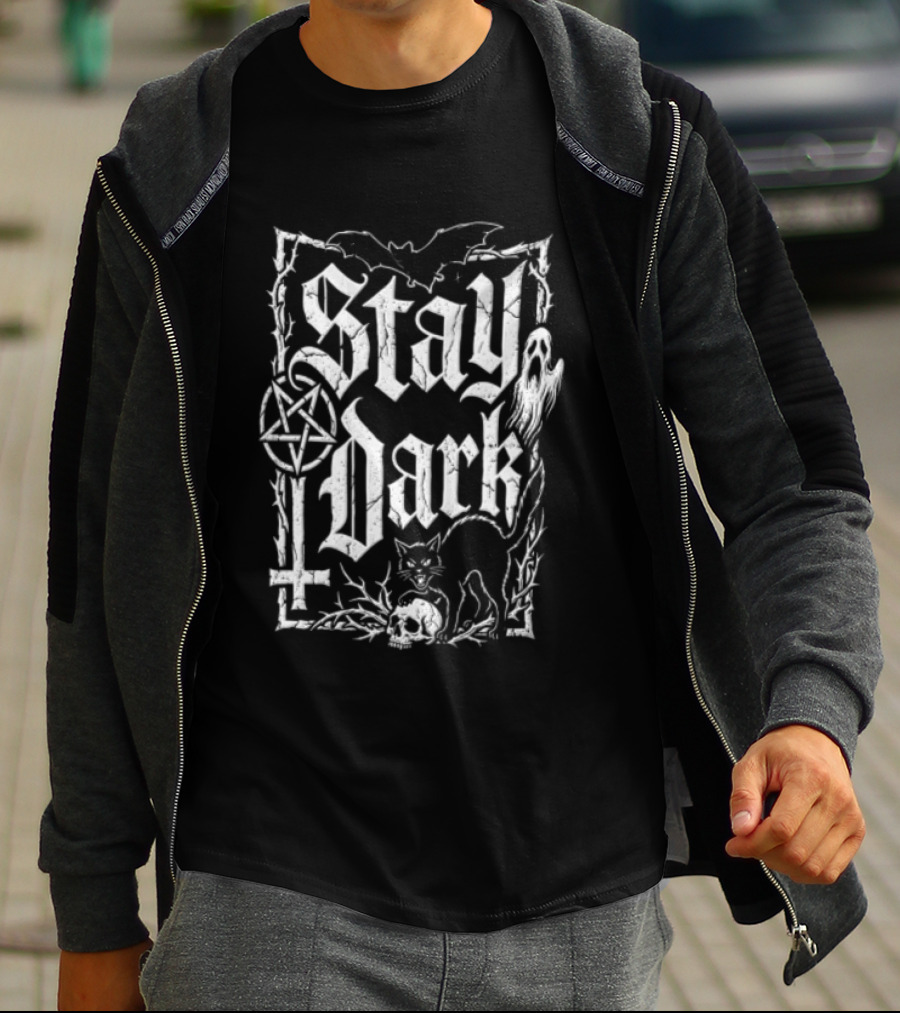 Stay Dark Gothic Bat Pentagram Ghost Black Cat Skull Thorns T-Shirt