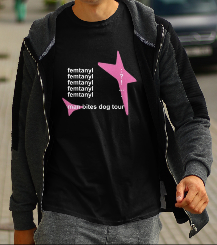 Femtanyl Man Bites Dog Tour Five Times Repeat Text Pink Question Mark T-Shirt