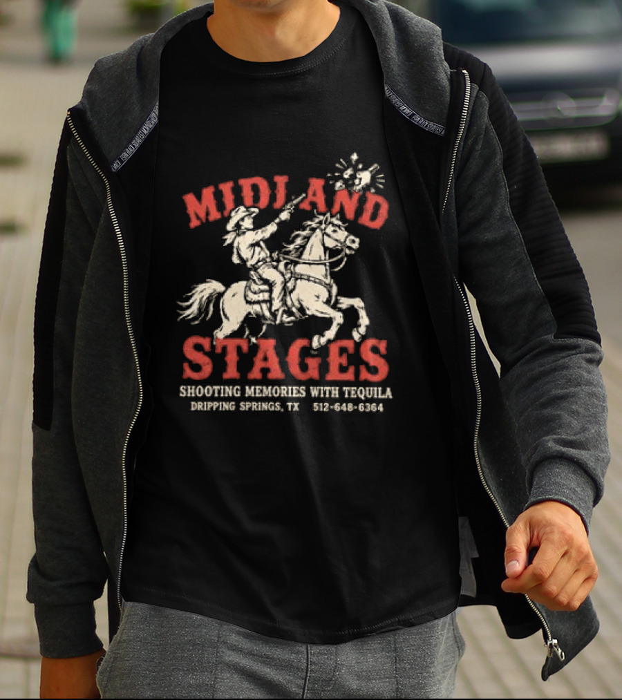 Midland Stages Cowboy Shooting Memories Tequila Dripping Springs TX T-Shirt