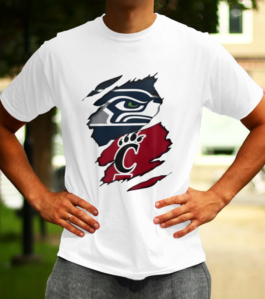 Seattle Seahawks Cincinnati Bearcats Ripped Fabric Fan T-Shirt