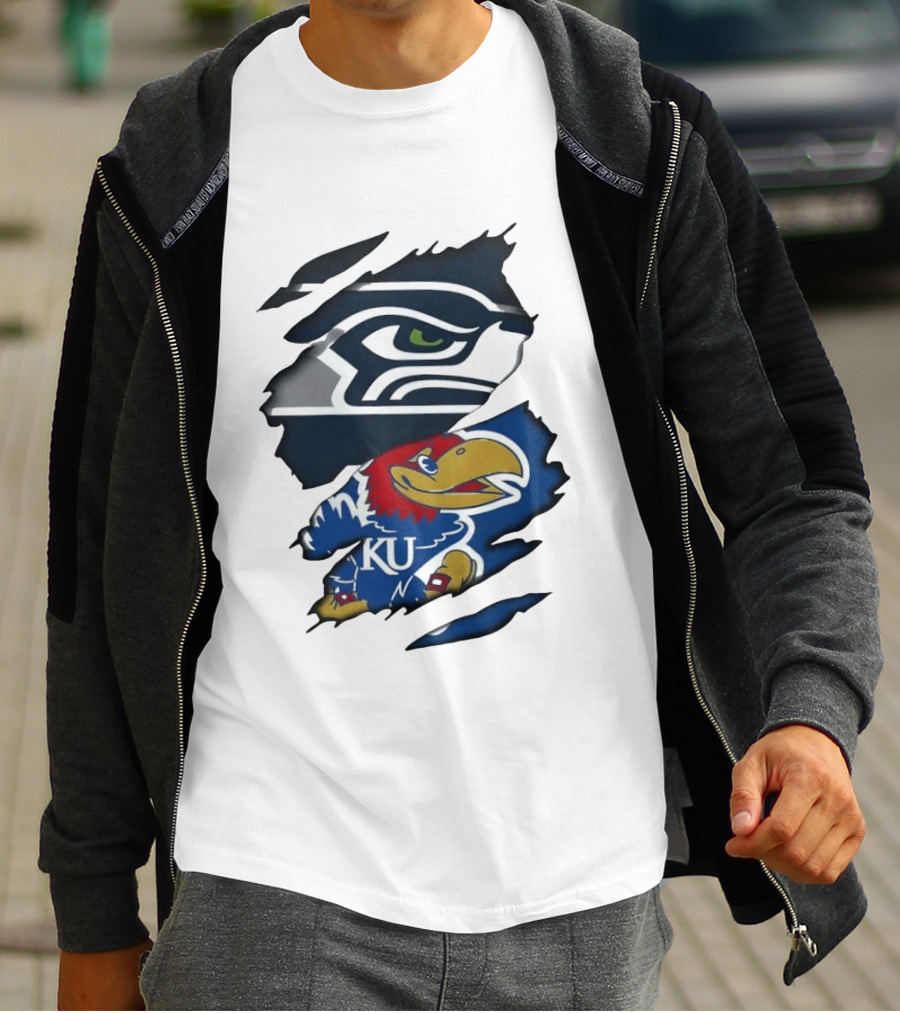 Seattle Seahawks And Kansas Jayhawks Torn Fabric Football And Basketball Fan Merchandise T-Shirt
