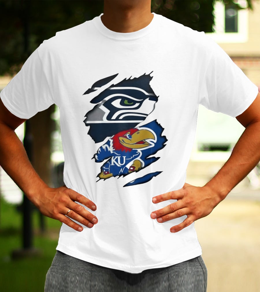 Seattle Seahawks And Kansas Jayhawks Torn Fabric Football And Basketball Fan Merchandise T-Shirt