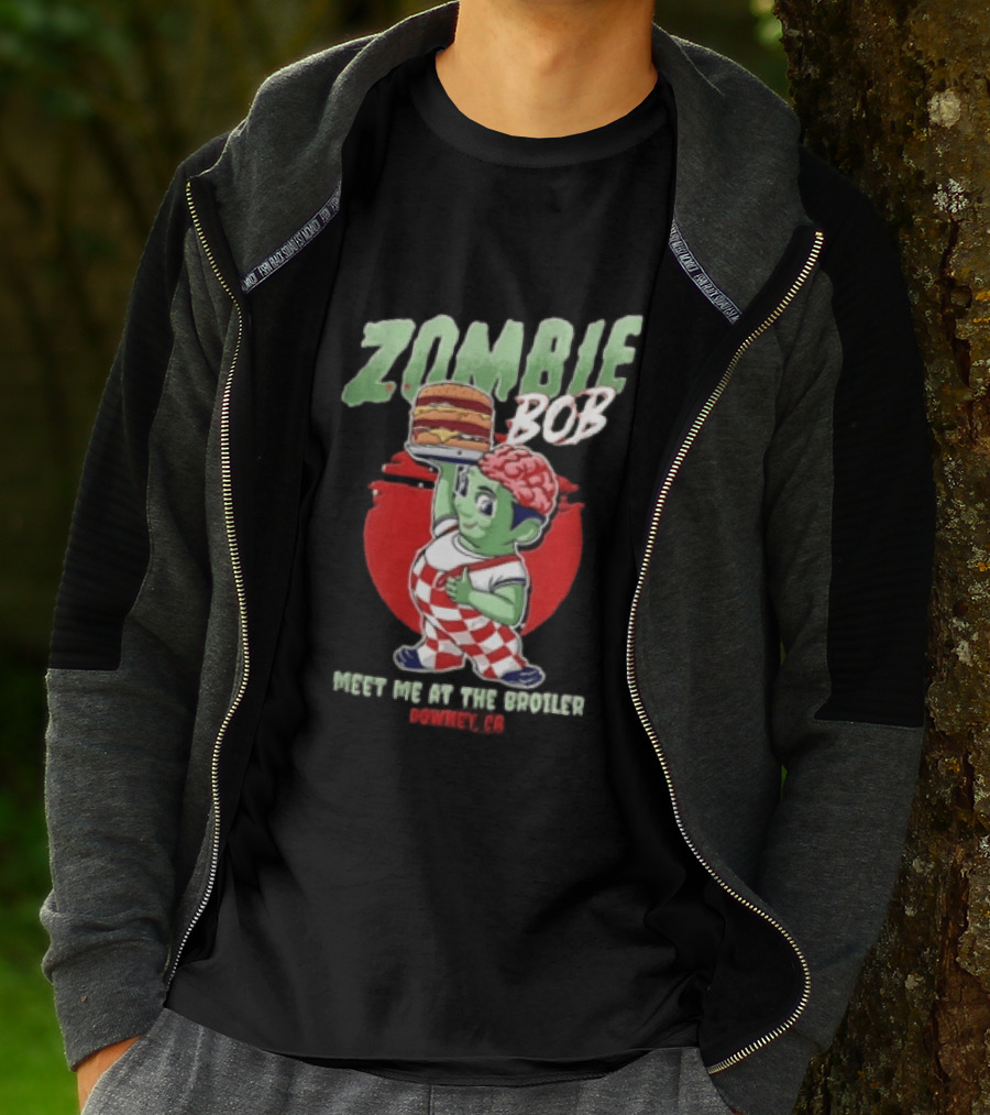 Zombie Bob Meet Me At The Broiler Downey CA Green With Exposed Brain T-Shirt