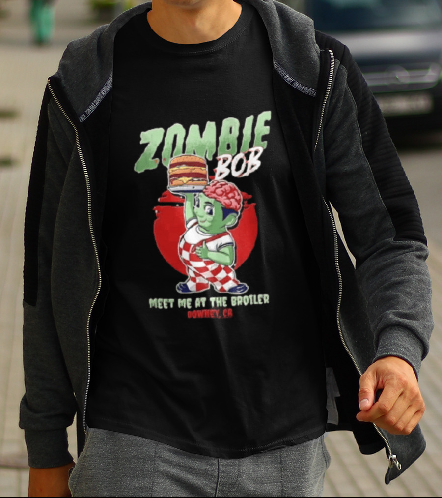 Zombie Bob Meet Me At The Broiler Downey CA Green With Exposed Brain T-Shirt