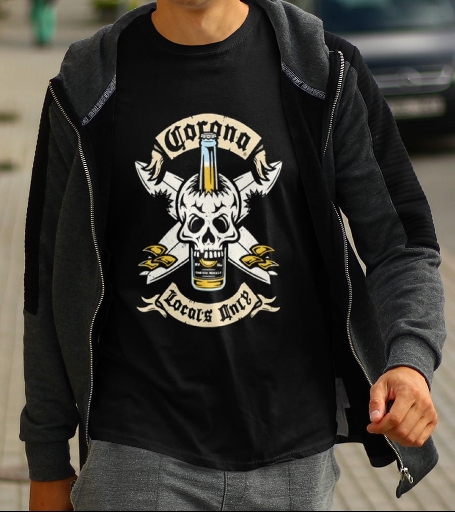 Corona Locals Only Skull And Beer Bottle Icon With Nautical Anchors T-Shirt