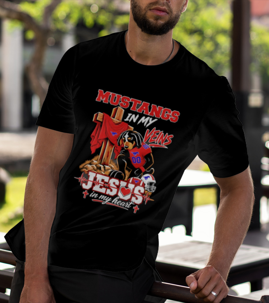 Mustangs In My Veins Football Faith Jesus In My Heart T-Shirt