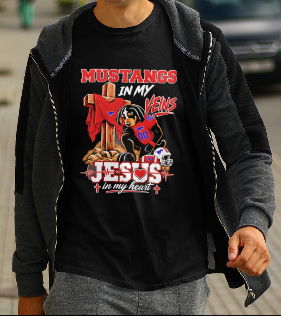 Mustangs In My Veins Football Faith Jesus In My Heart T-Shirt