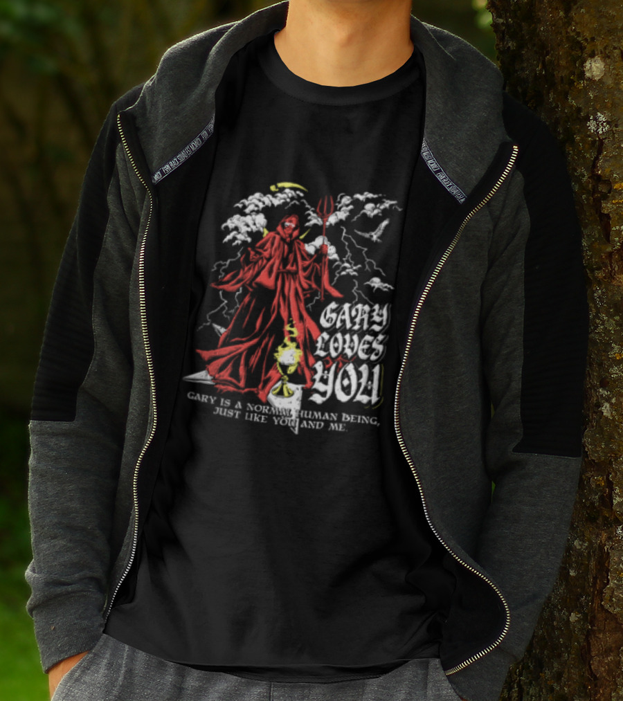 Gary Loves You Gary Is A Normal Human Being Just Like You And Me Red Cloaked Figure With Lightning And Clouds T-Shirt