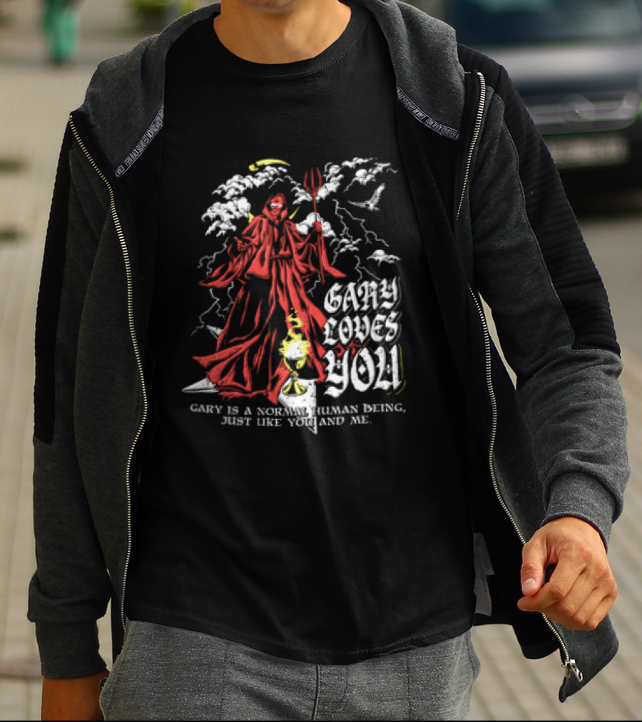 Gary Loves You Gary Is A Normal Human Being Just Like You And Me Red Cloaked Figure With Lightning And Clouds T-Shirt