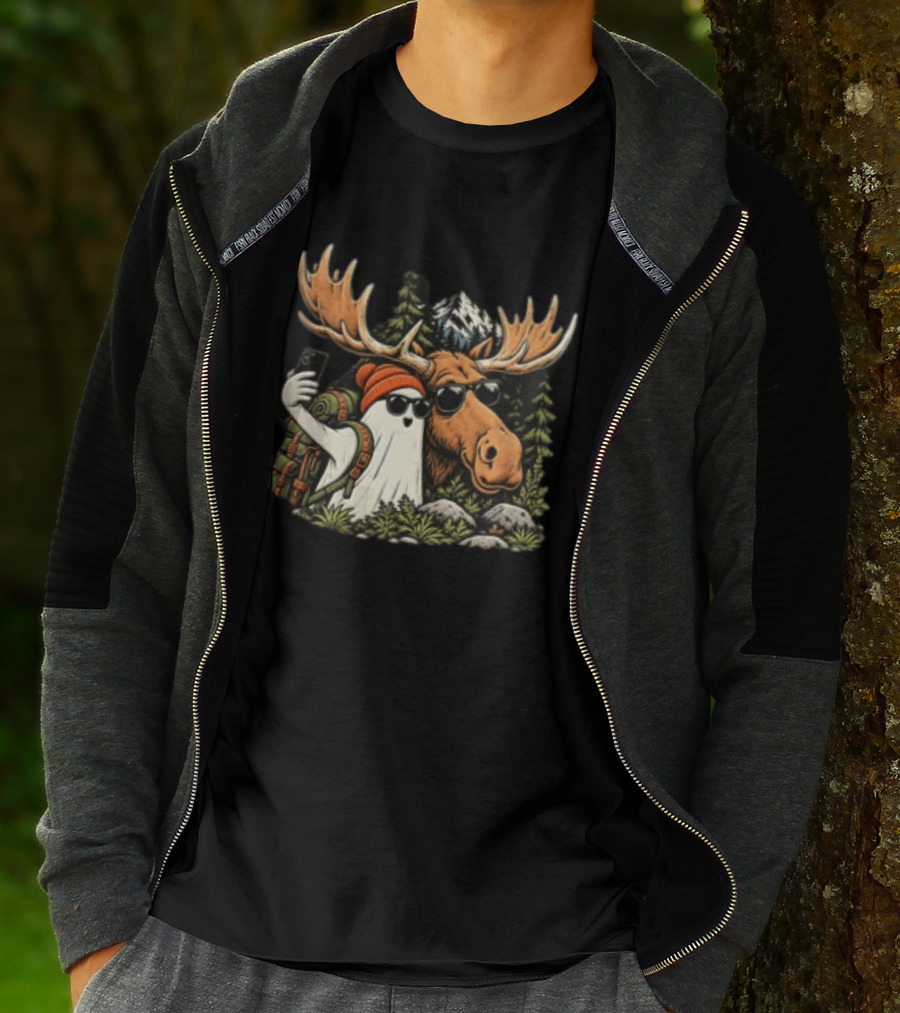 Ghost Backpack Selfie With Moose In Forest Adventure Scene T-Shirt