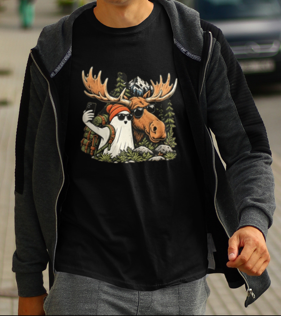 Ghost Backpack Selfie With Moose In Forest Adventure Scene T-Shirt