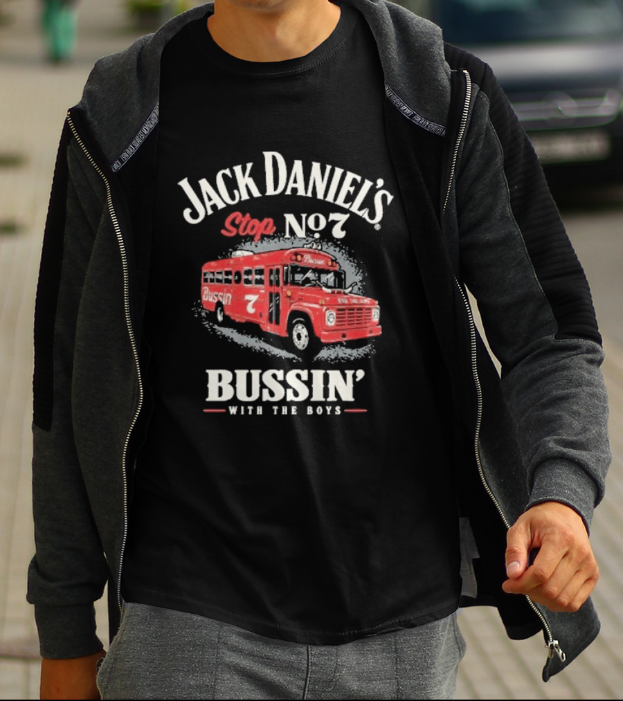Jack Daniel's Stop No 7 Bussin With The Boys Red Bus T-Shirt