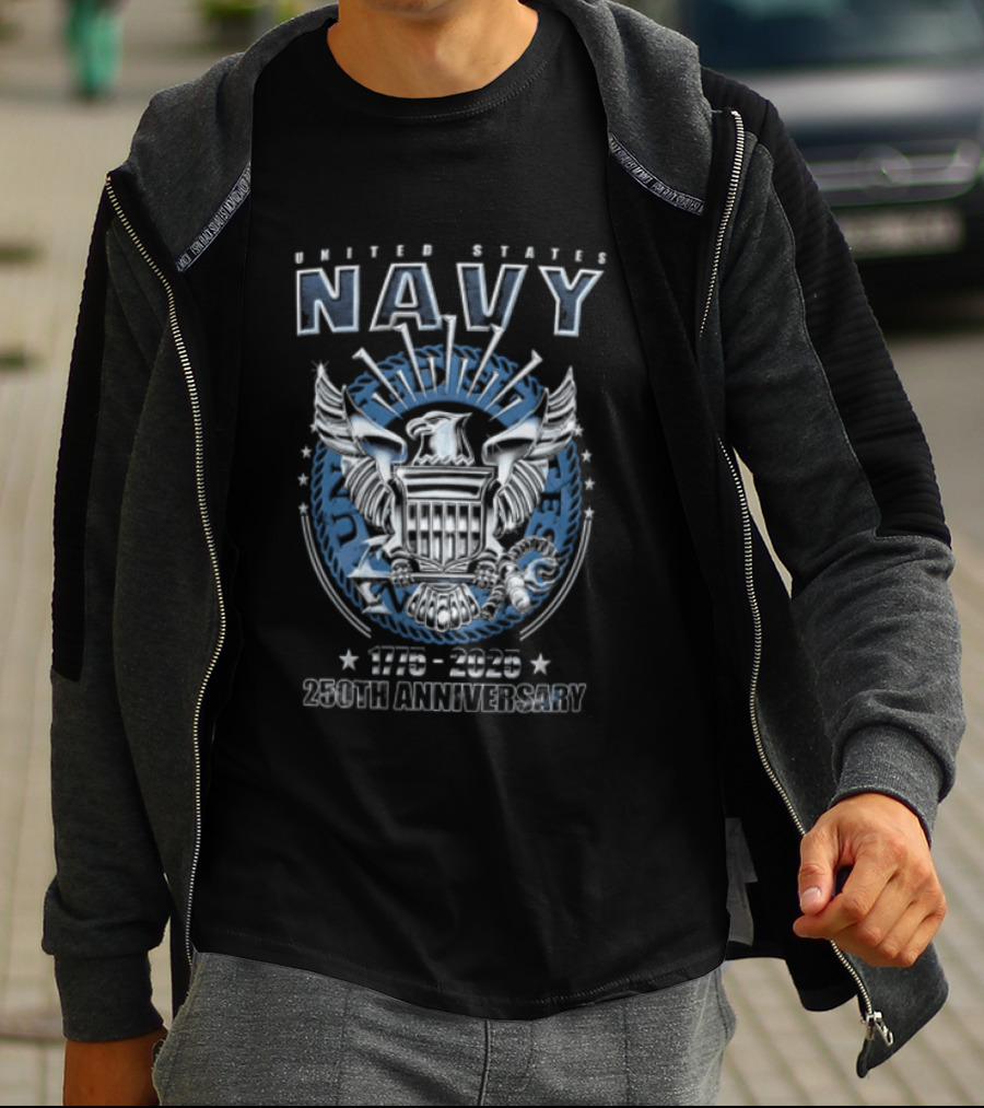 United States Navy 1775 2025 250th Anniversary Silver Eagle Holding Shield T-Shirt