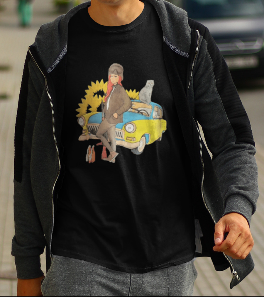 Woman Soldier With Cat On Vintage Car And Sunflowers T-Shirt