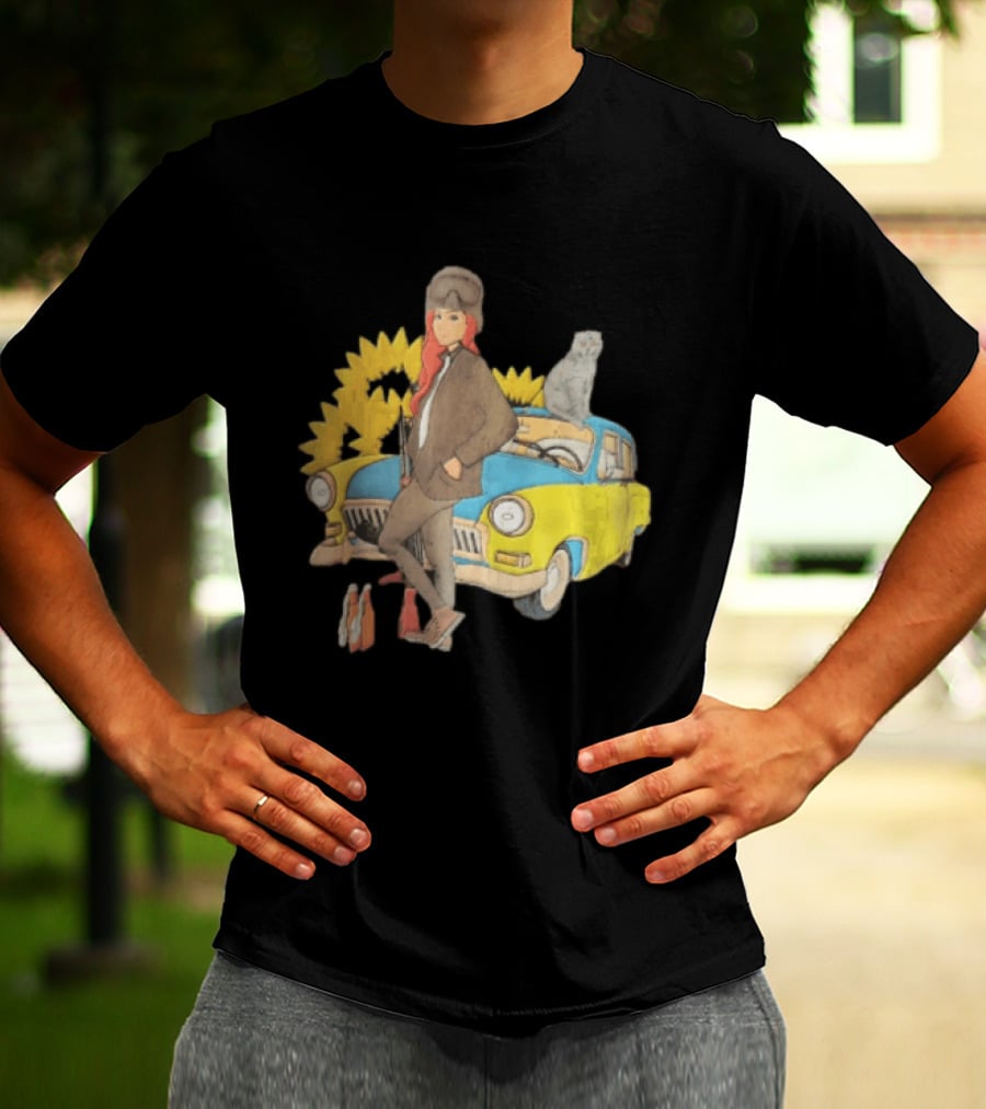 Woman Soldier With Cat On Vintage Car And Sunflowers T-Shirt