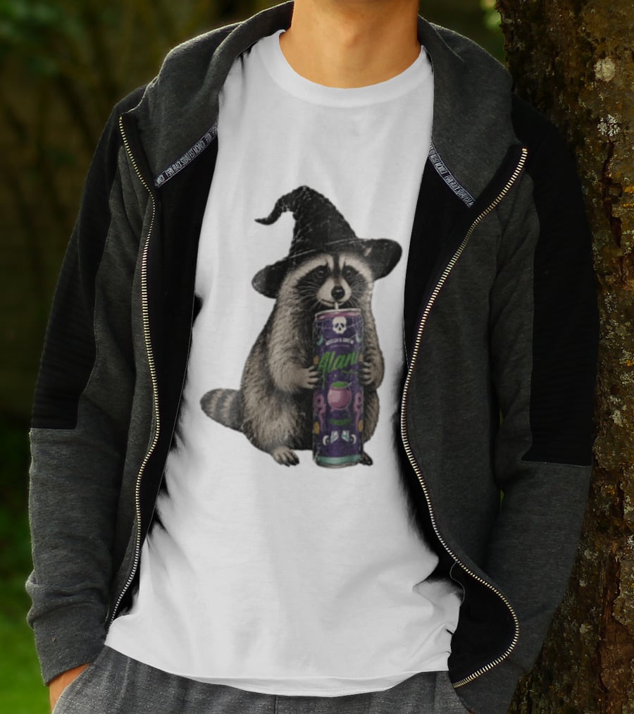 Alani Witches Brew Raccoon Witch Hat Can Holding T-Shirt
