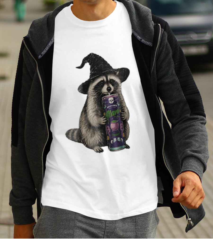 Alani Witches Brew Raccoon Witch Hat Can Holding T-Shirt