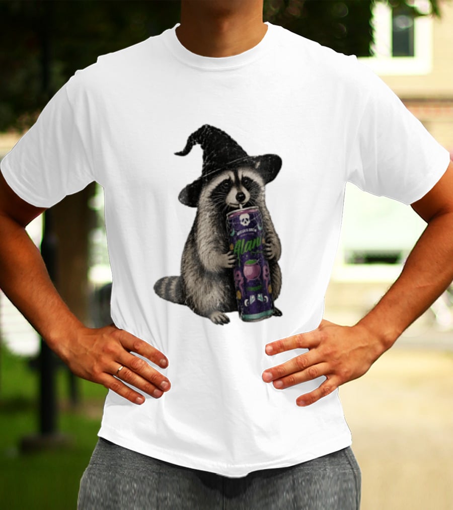 Alani Witches Brew Raccoon Witch Hat Can Holding T-Shirt