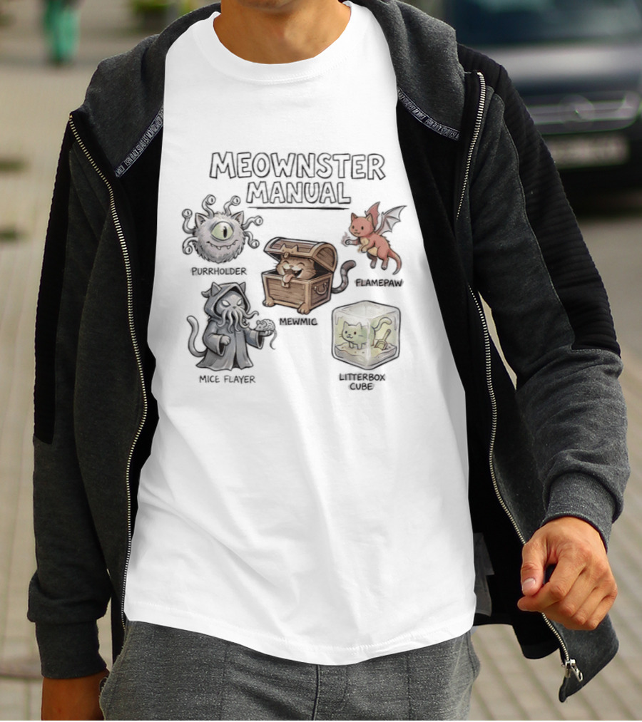 Meownster Manual Beholder Cat Cattack Mimic Abomination Cube Dragon Kitten T-Shirt