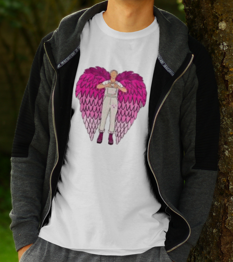 Plumes Store White Pink Winged Figure Overalls T-Shirt