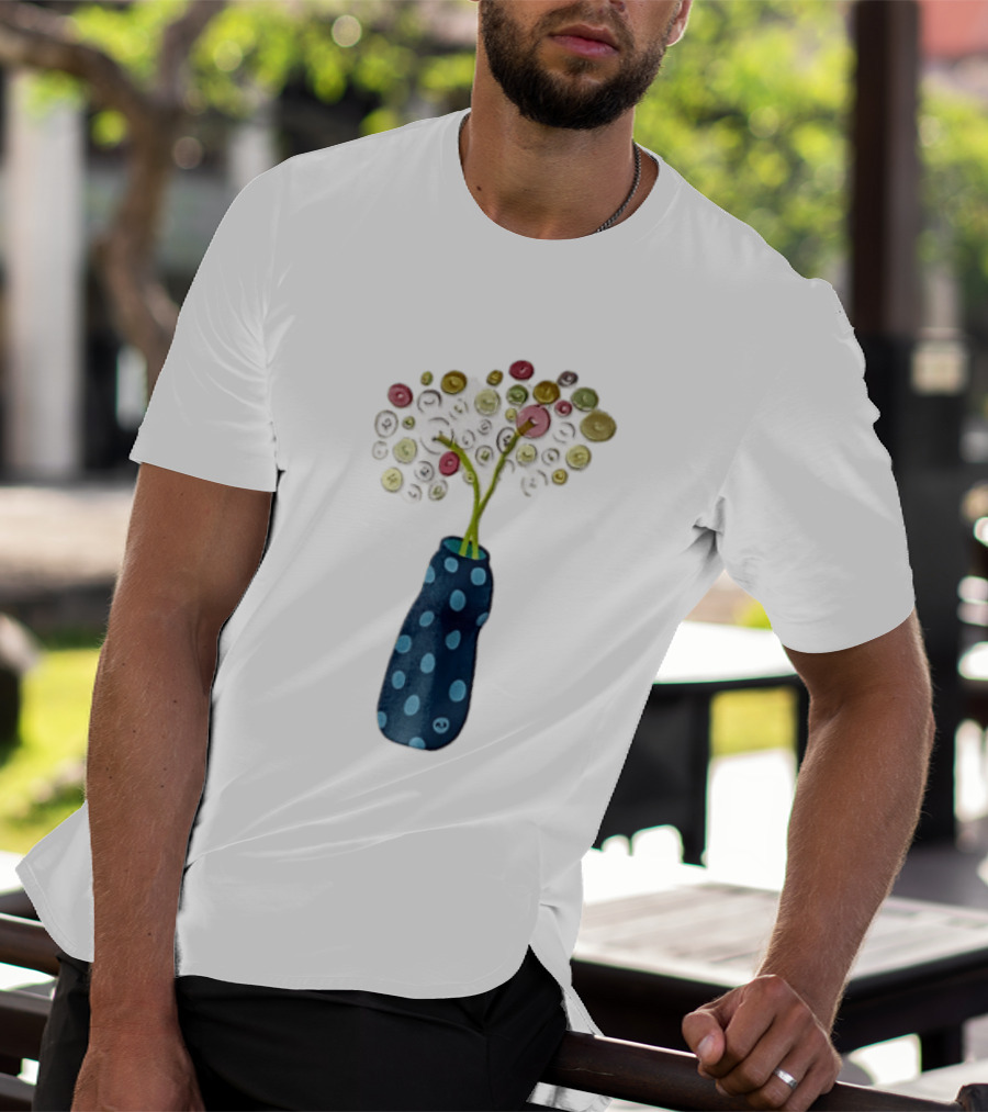 Polka Dot Vase With Colorful Button Flowers T-Shirt