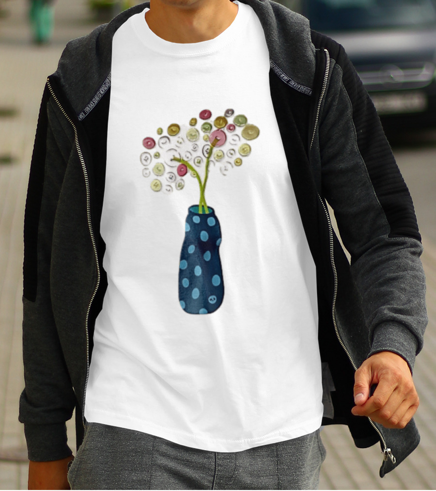 Polka Dot Vase With Colorful Button Flowers T-Shirt