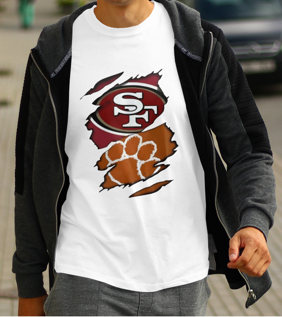 San Francisco 49ers SF And Clemson Tigers Paw Ripped Fabric T-Shirt