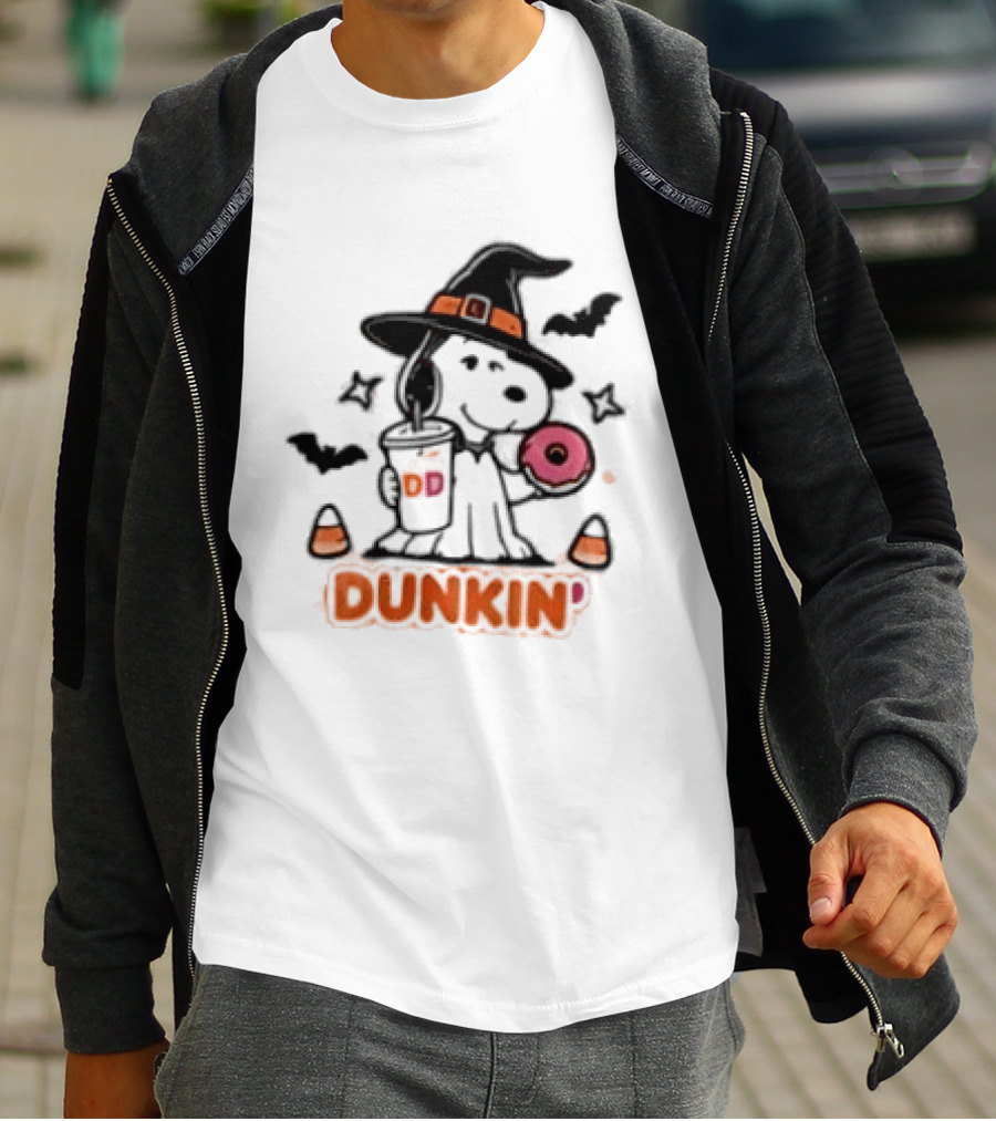 Snoopy Dunkin Donuts Halloween Witch Doughnut Coffee Cup Bats Candy Corn T-Shirt
