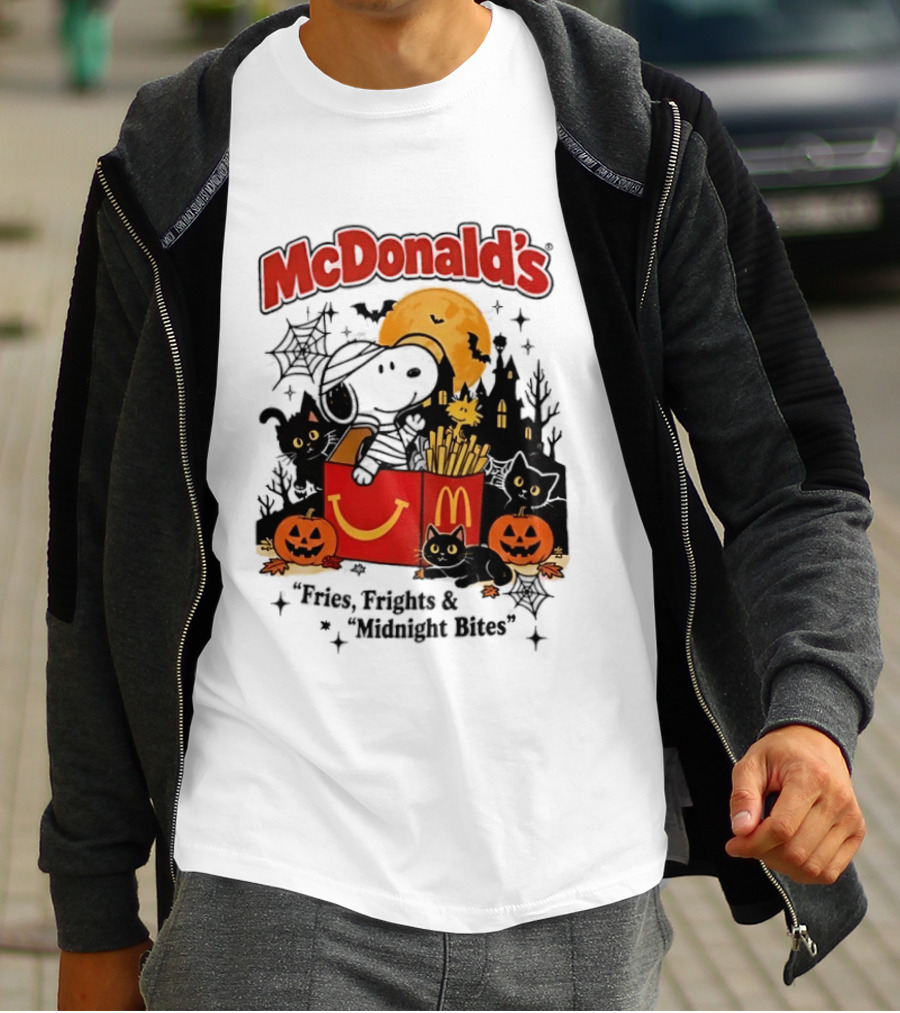 Snoopy McDonald's Halloween Fires Frights Midnight Bites Pumpkin Black Cat Moon T-Shirt