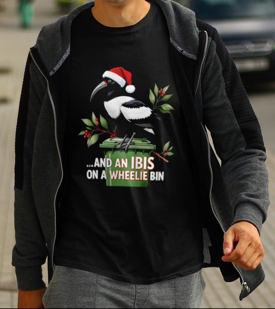 And An Ibis On A Wheelie Bin Christmas Santa Hat Holiday Humor T-Shirt