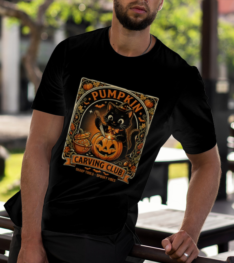 Pumpkin Carving Club Black Cat Sharp Tools Spooky Vibes T-Shirt