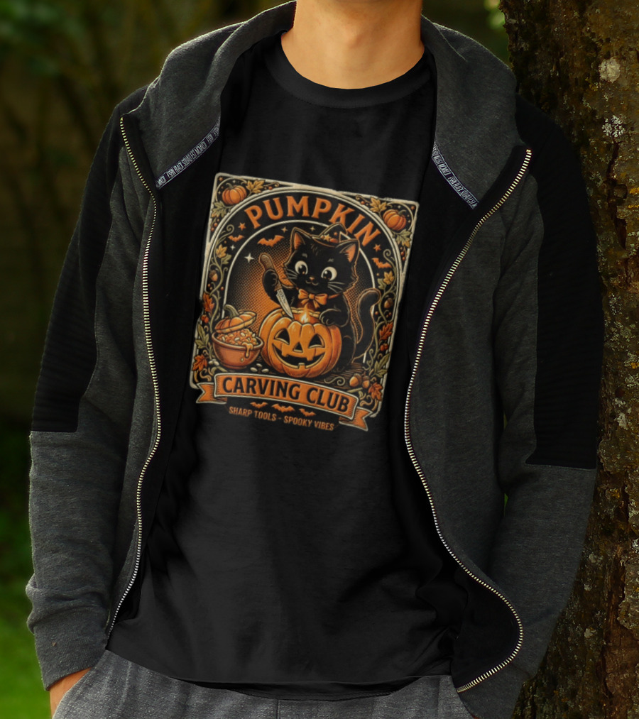 Pumpkin Carving Club Black Cat Sharp Tools Spooky Vibes T-Shirt