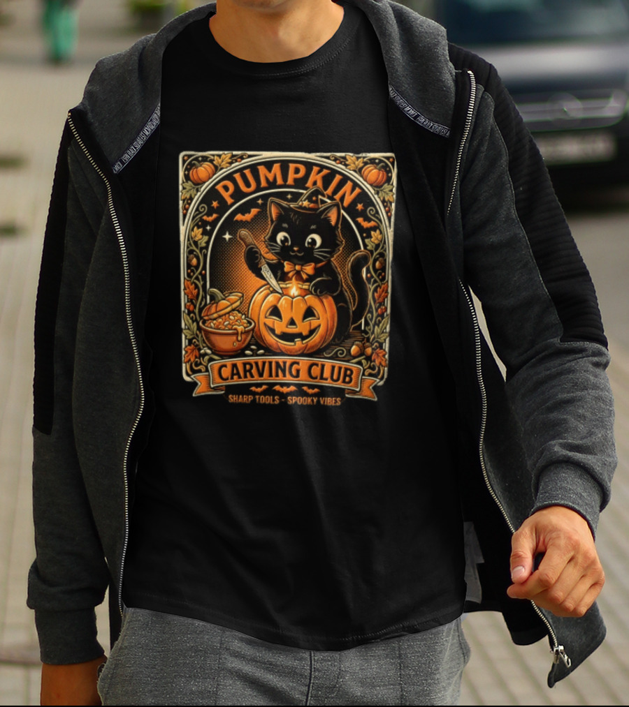 Pumpkin Carving Club Black Cat Sharp Tools Spooky Vibes T-Shirt