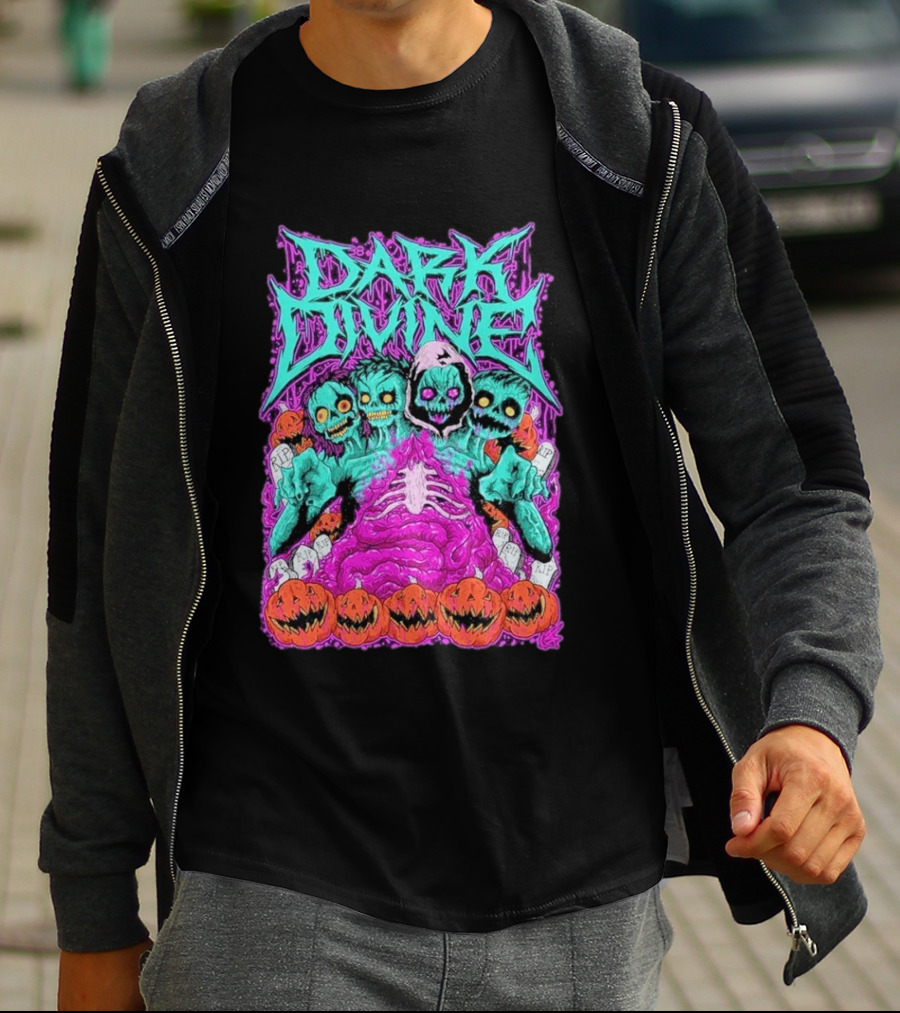 Dark Divine Skeletons With RIP Pumpkins T-Shirt