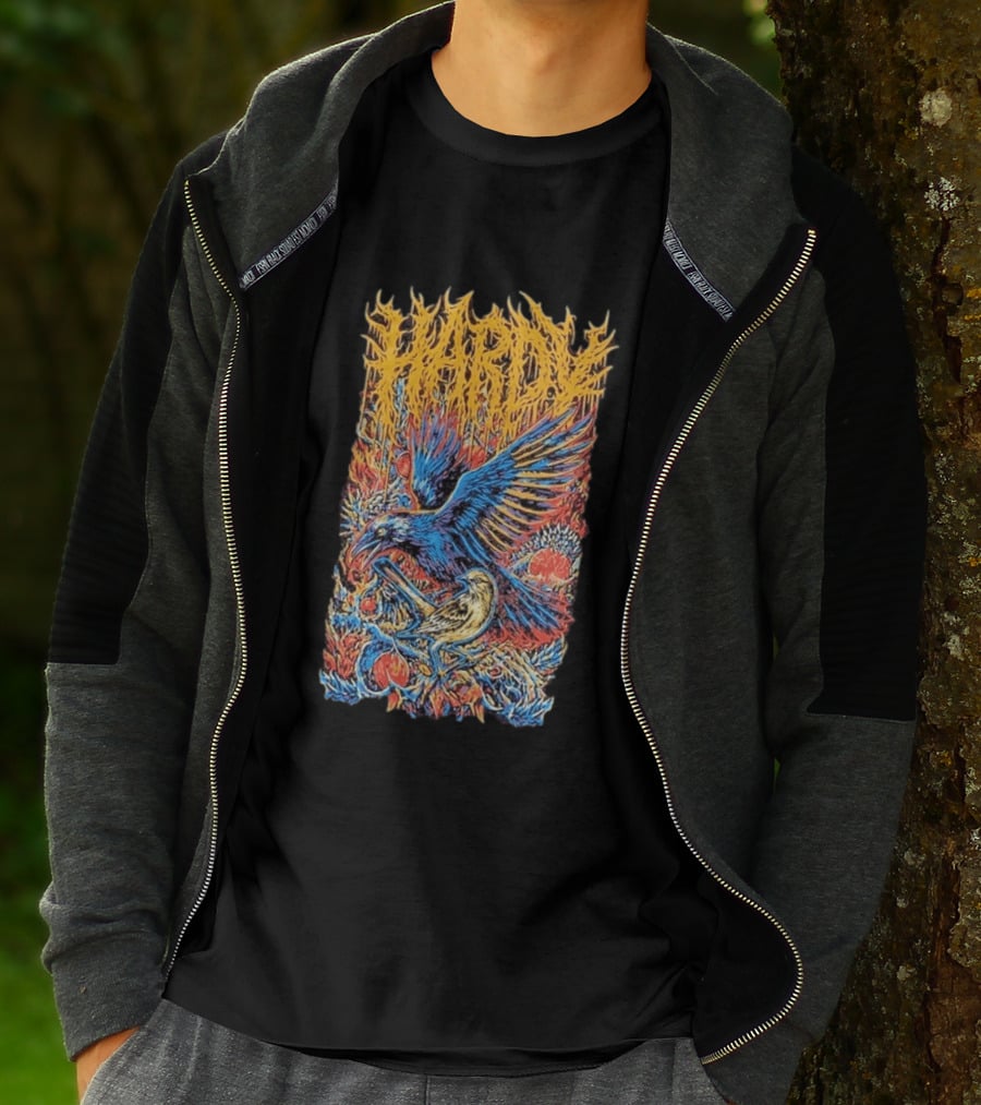 Hardy Blue And Yellow Birds With Fruit In Fiery Scene T-Shirt