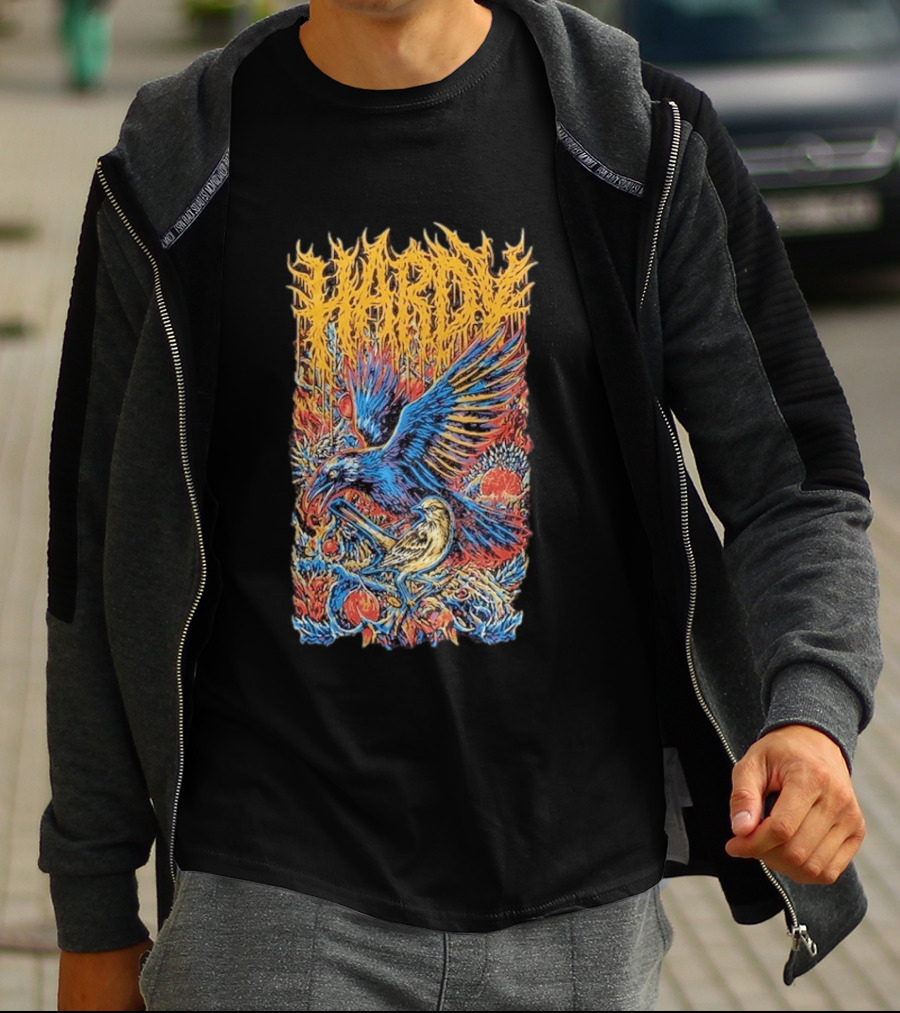 Hardy Blue And Yellow Birds With Fruit In Fiery Scene T-Shirt
