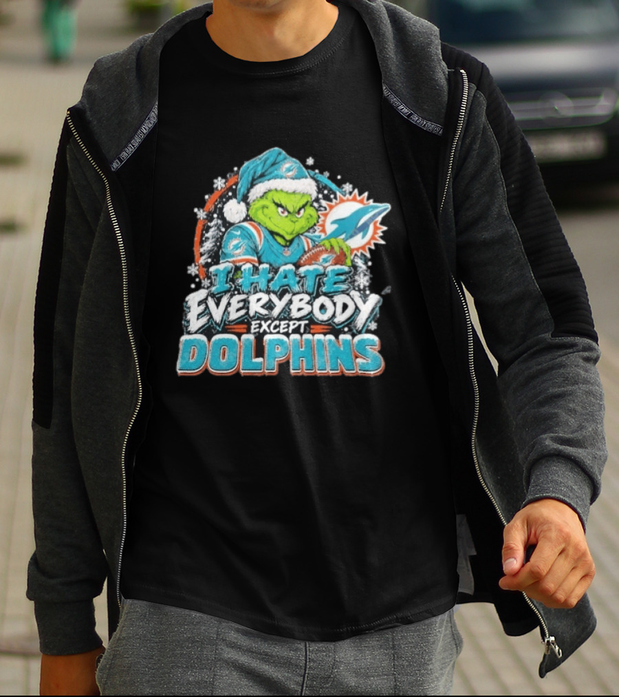 Original Miami Dolphins Grinch I Hate Everybody Except Dolphins Fans Christmas Holiday T-Shirt