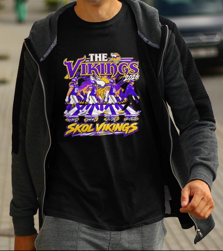 The Vikings 2026 J.J. Hockenson Jordan Addison Justin Jefferson Kevin O'Connell Skol Vikings T-Shirt