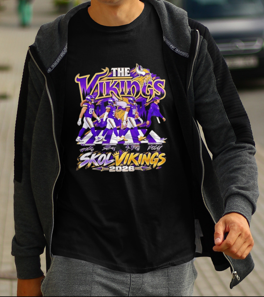 Minnesota Vikings Skol Vikings Abbey Road 2026 T. J. Hockenson Justin Jefferson Kevin O'Connell T-Shirt