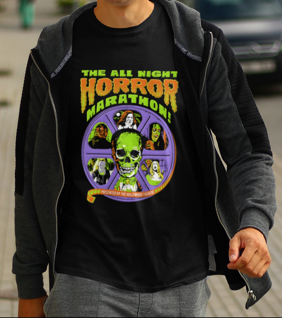 The All Night Horror Marathon Presented By The Hollywood Theatre Skulls And Monster Faces 2026 T-Shirt