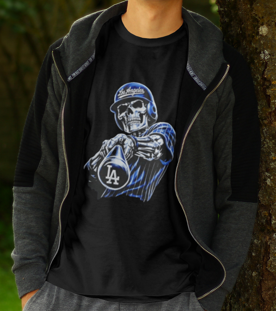 Los Angeles Dodgers Skeleton Baseball Player Pinstripe Jersey LA Cap T-Shirt