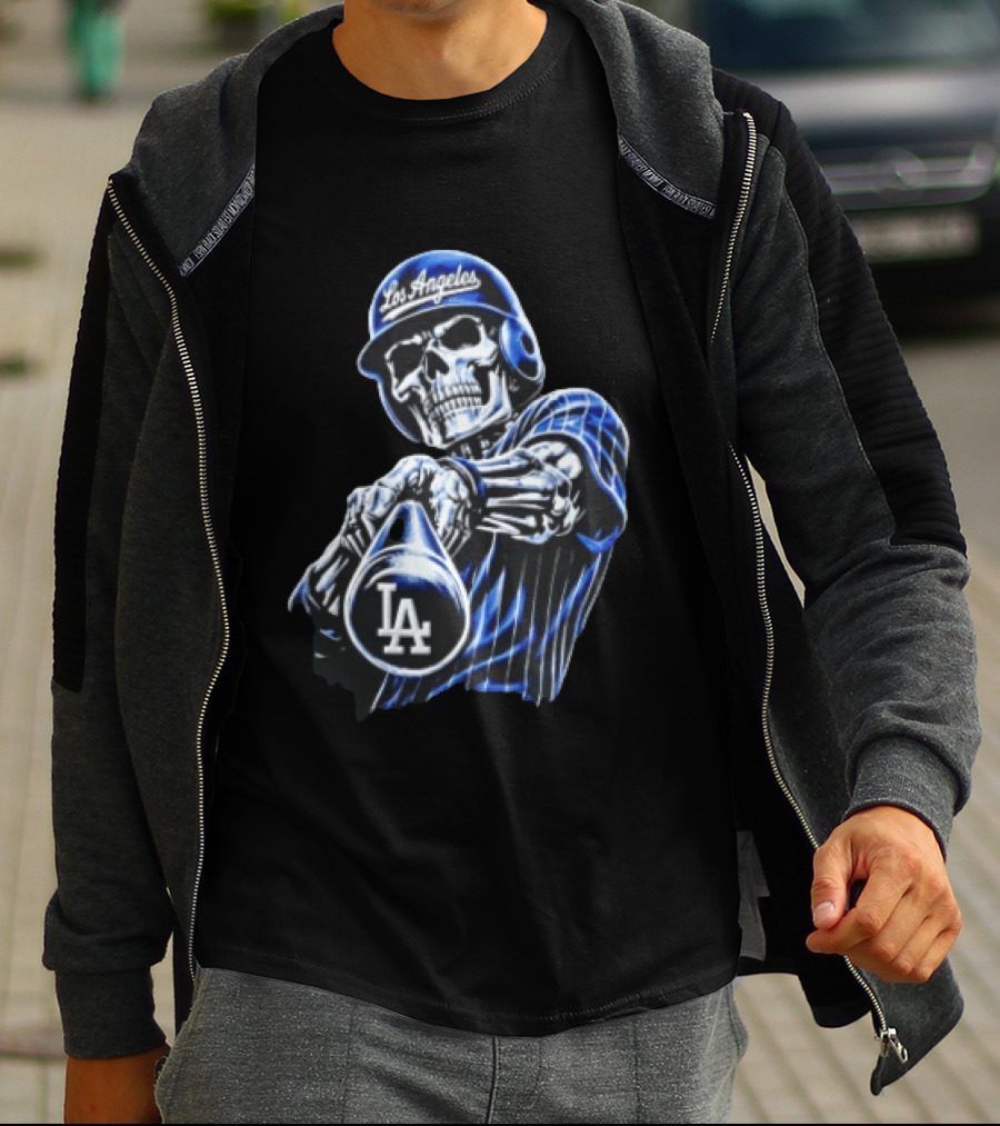 Los Angeles Dodgers Skeleton Baseball Player Pinstripe Jersey LA Cap T-Shirt