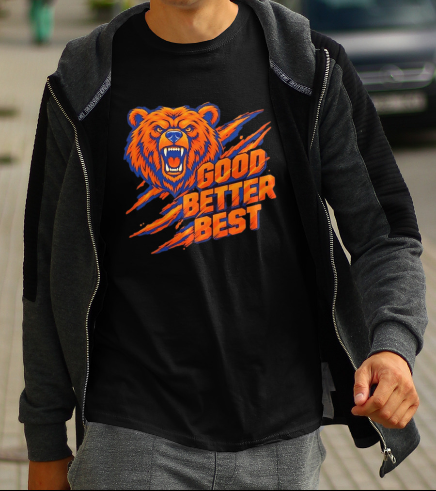 Good Better Best Grizzly Bear Claw Scratch Roaring Face Orange Blue T-Shirt