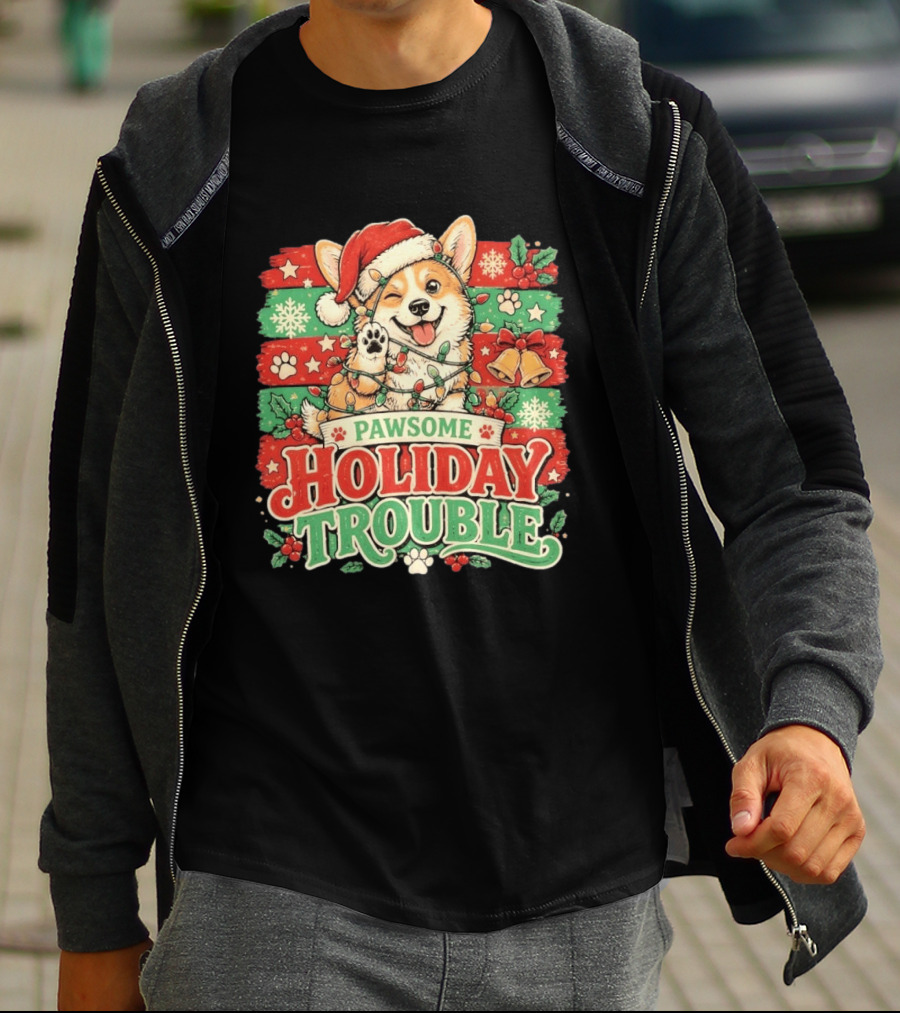Pawsome Corgi Santa Hat Holiday Trouble Christmas Lights T-Shirt