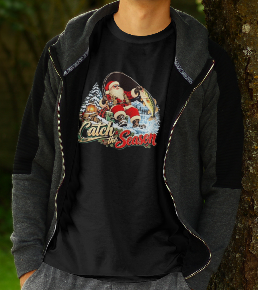 Catch The Season Santa Claus Fishing Christmas Snowy Scene T-Shirt