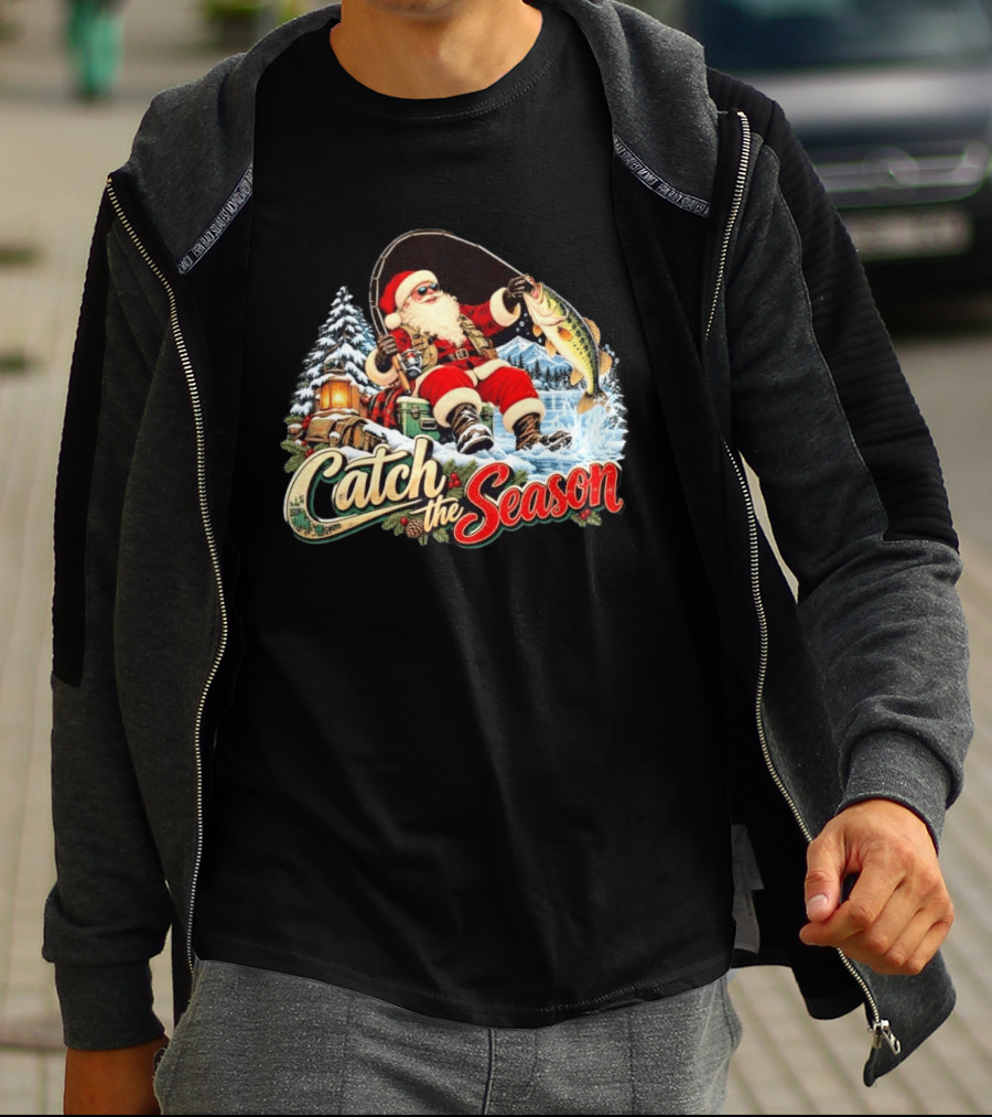 Catch The Season Santa Claus Fishing Christmas Snowy Scene T-Shirt