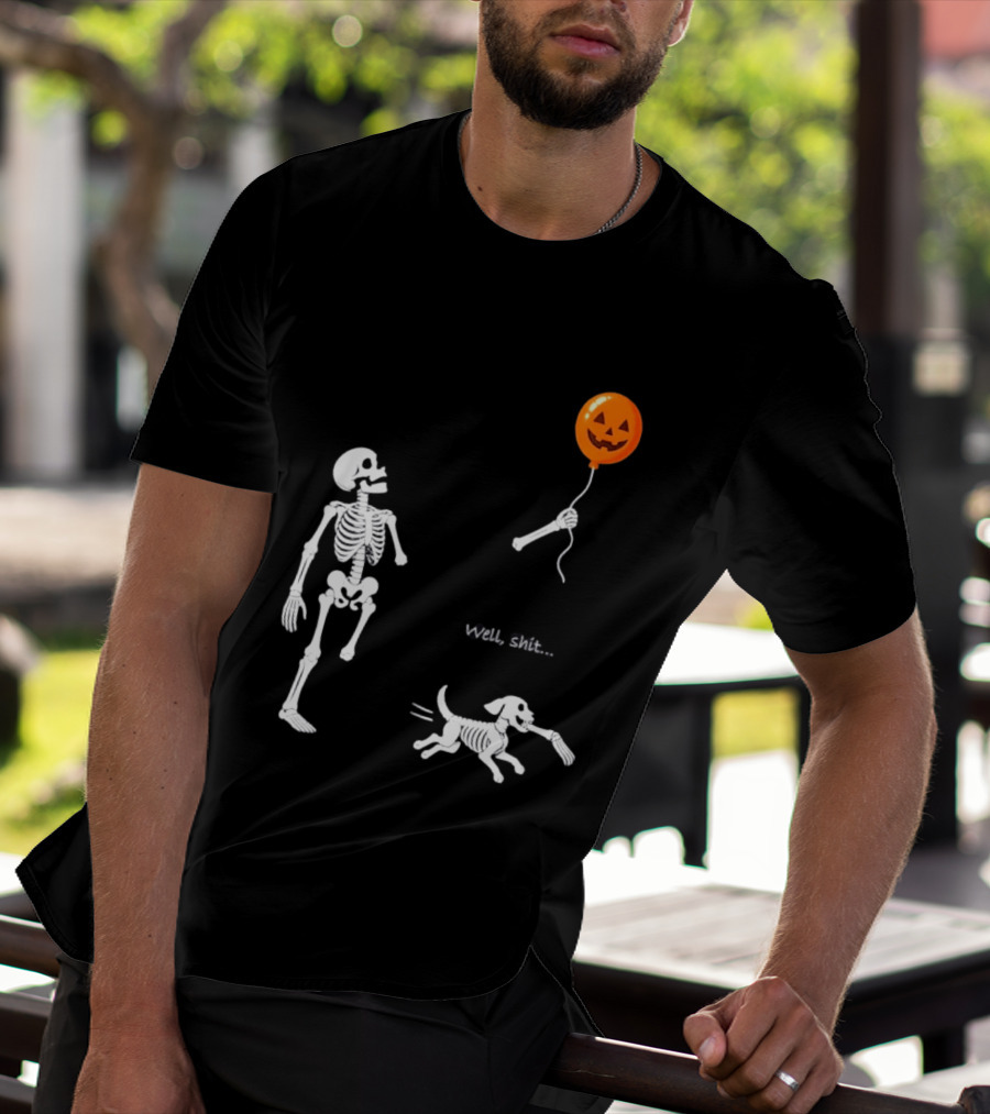 Skeleton Losing Halloween Pumpkin Balloon To Dog Well Shit T-Shirt