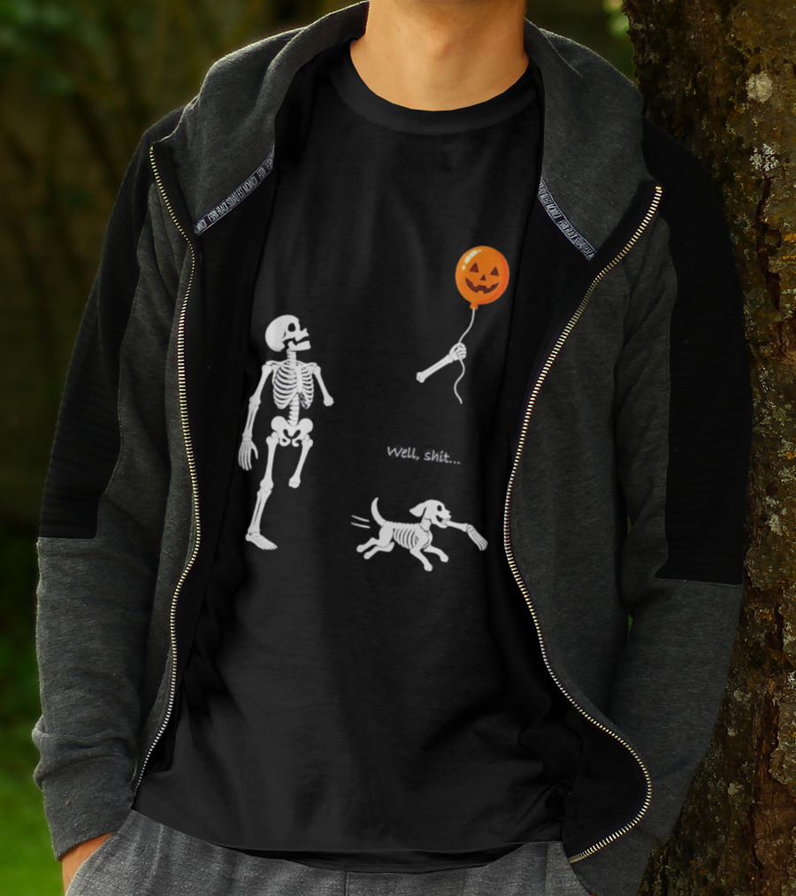 Skeleton Losing Halloween Pumpkin Balloon To Dog Well Shit T-Shirt